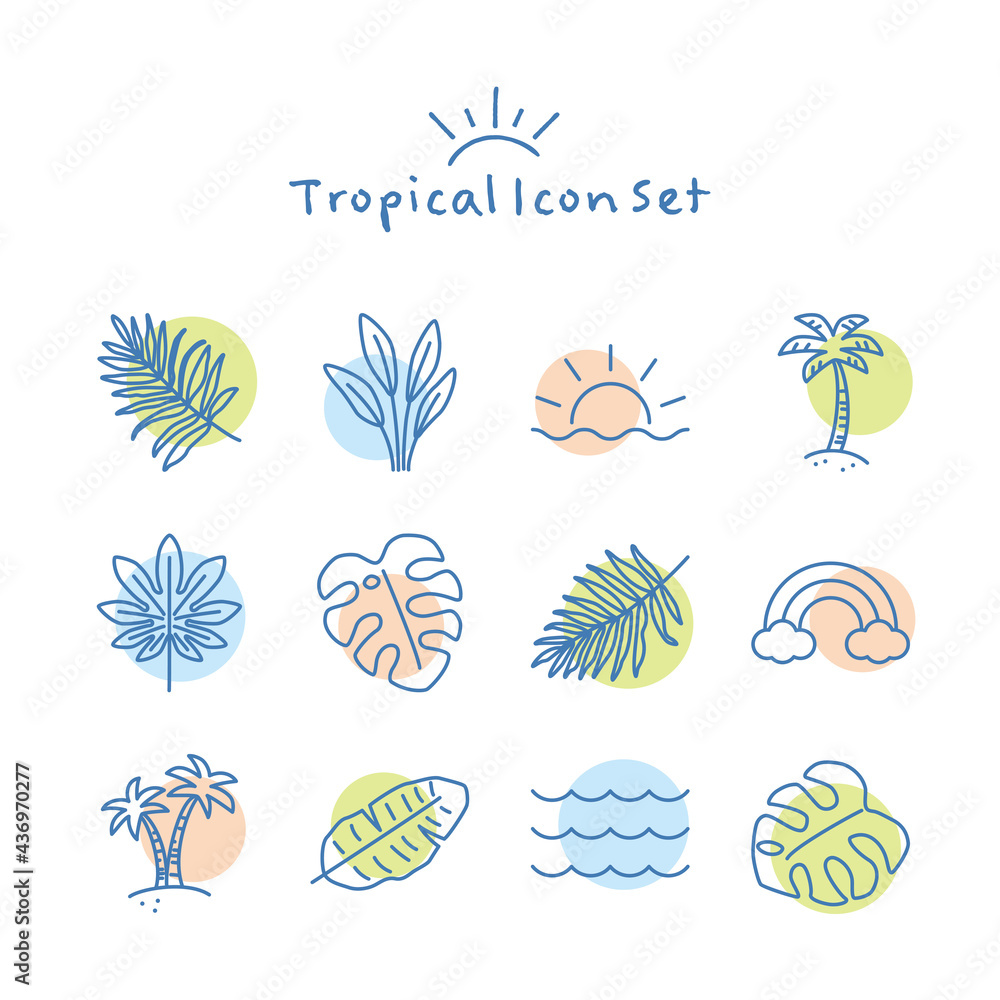 Vector hand drawn tropical summer icon set - obrazy, fototapety, plakaty 