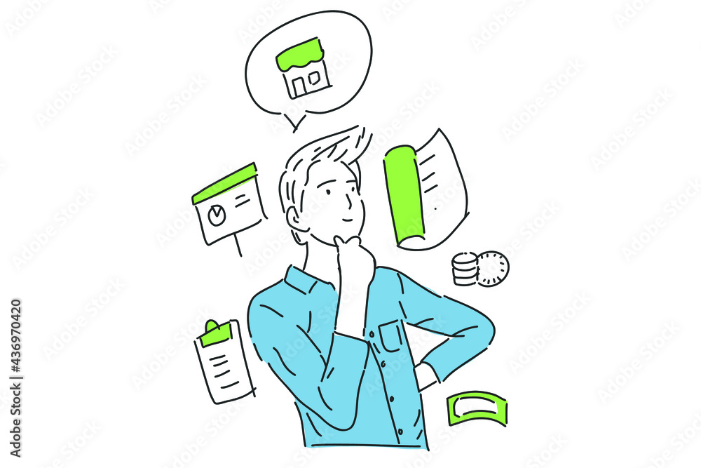 businessman think about business item Hand drawn minimalist vector Illustration for presentation, website, mobile and print. businessman think about business item Hand drawn minimalist vector Illustration for presentation, website, mobile and print.