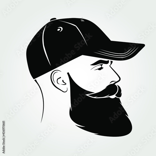 Bearded handsome men in a baseball cap. Hipster face icon isolated. Vector illustration	