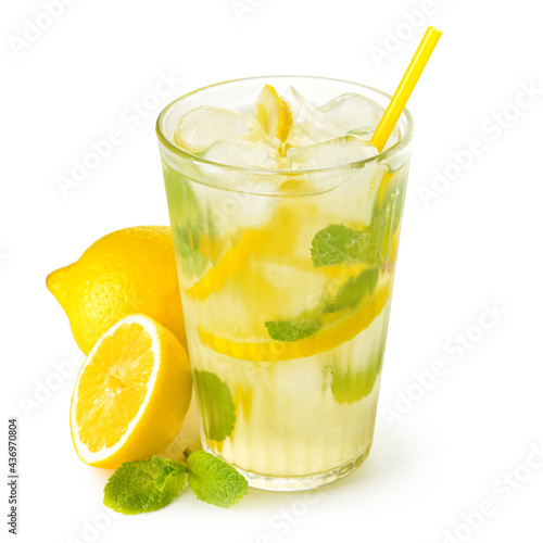 Glass of tasty cold lemonade on white background