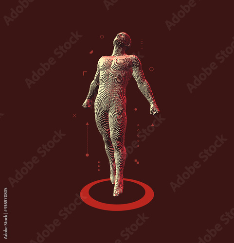Leadership, freedom or development concept. Jumping man. Man stands in the middle of a circle. Human teleportation. Life course. Voxel art. 3d vector illustration.