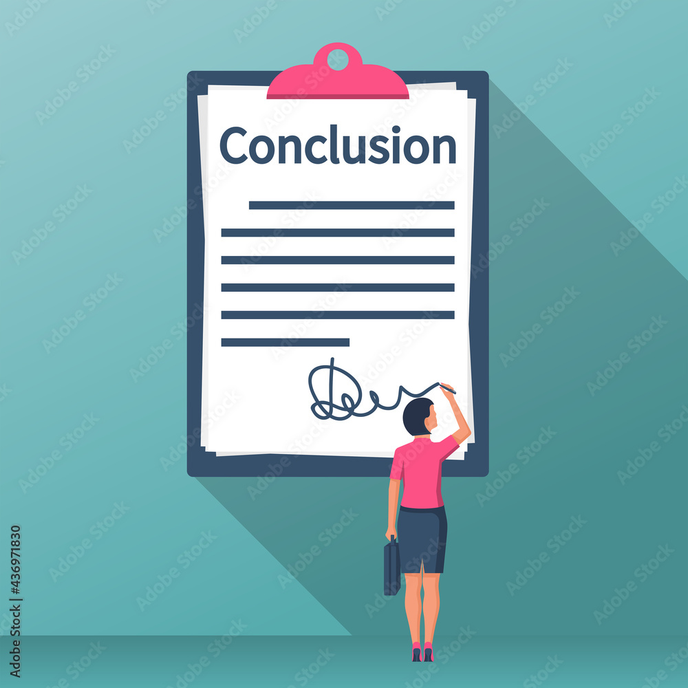 Obraz premium Businesswoman writes conclusion, report concept. Paperwork, sheets in folder. Holding the clipboard and pen in hand.Finally, outcome, result.Vector illustration flat design.Isolated on background.