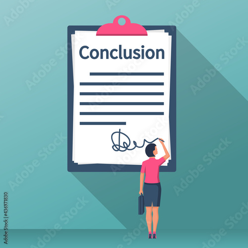 Businesswoman writes conclusion, report concept. Paperwork, sheets in folder. Holding the clipboard and pen in hand.Finally, outcome, result.Vector illustration flat design.Isolated on background.