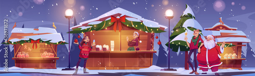 People visit Christmas market with Santa Claus. Happy characters buying gifts on winter fair with wooden booths decorated with fir-tree branches and lighting garlands. Cartoon vector illustration