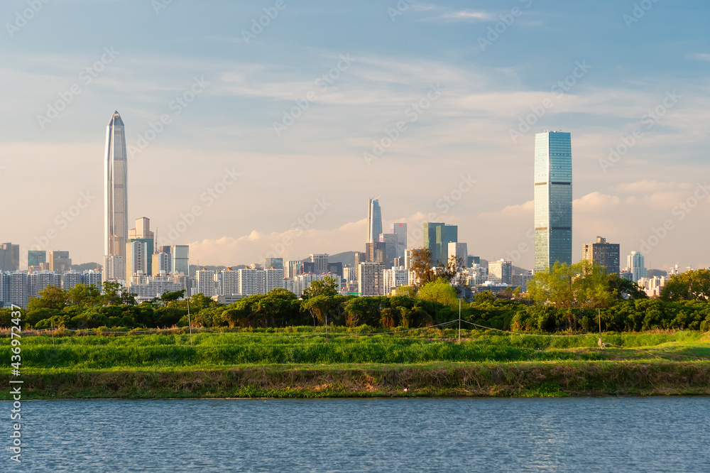Skyline of downtown district of Shenzhen city, China. Viewed from Hong Kong border Skyline of downtown district of Shenzhen city, China. Viewed from Hong Kong border