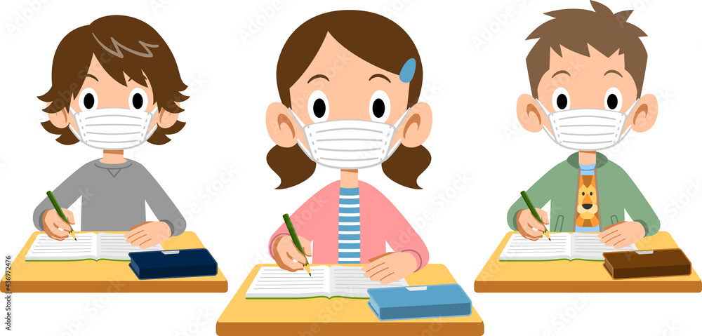 マスクをつけて授業を受ける小学生の男女3人
マスクをつけて授業を受ける小学生の男女3人