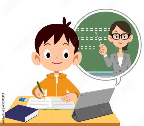 オンラインで授業を受ける小学生の男の子
