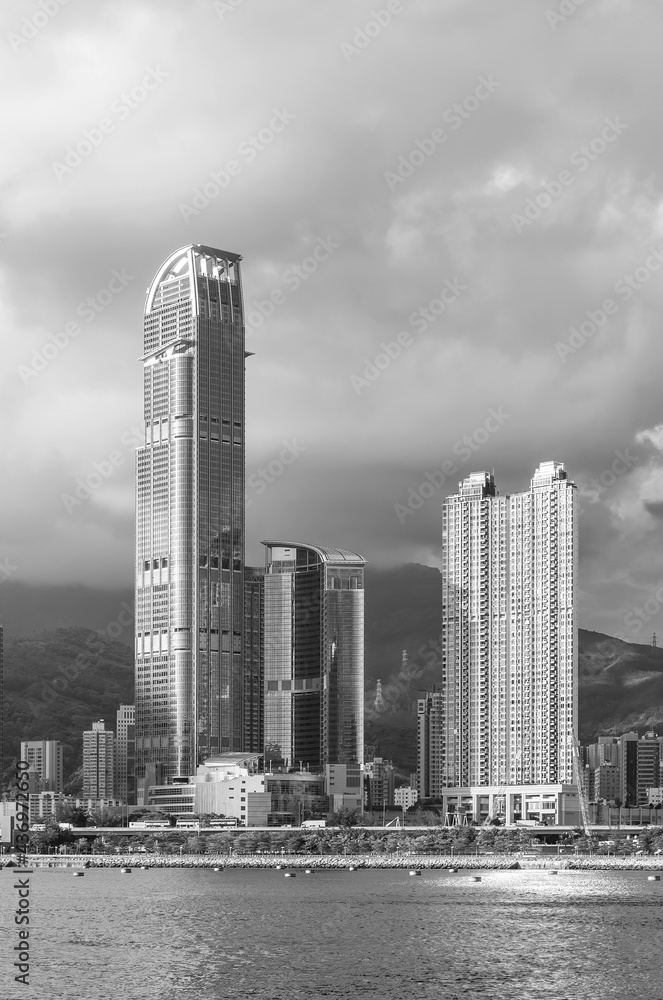 Skyscraper and harbor of Hong Kong city