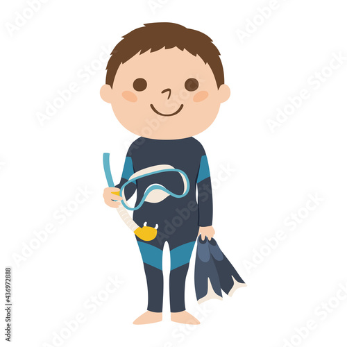 男性ダイバーのイラスト。ダイビングスーツを着て、シュノーケリングマスクとフィンを持っている若い男性。
