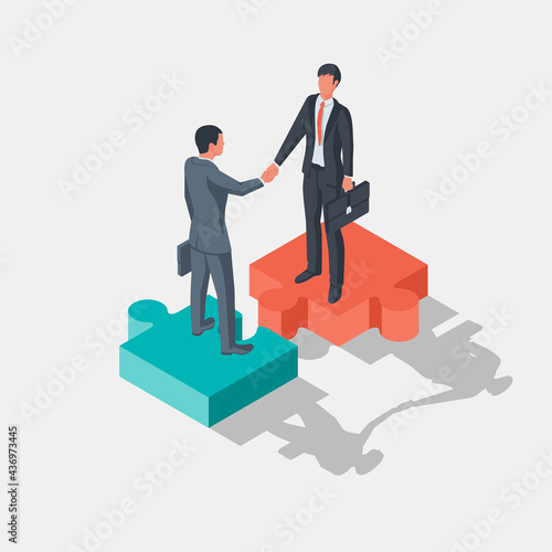 Two businessmen stand on pieces of puzzle as symbol of connection. Combining two alliances. Partnership concept. Business meeting. Handshake symbol successfu deal. Vector illustration isometric design