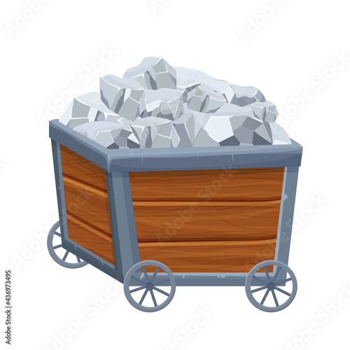 Wooden Mine cart, trolley with silver ore in cartoon style isolated on white background. Game asset,ui. Fortune concept. 