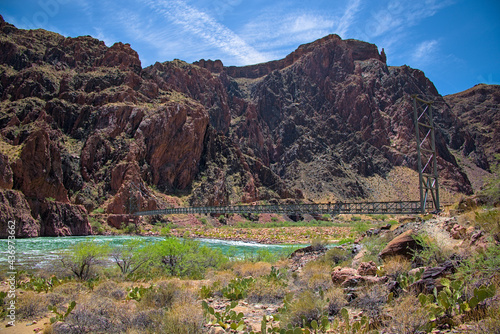 Famous Silver bridge on bright angel trail crossing the colorado river at bottom of grand canyon just past phantom ranch before indian gardens.