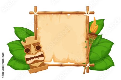 Tiki tribal hawaiian mask, statuette with human face on bamboo frame with parchment, torch in cartoon style decorated exotic, palm leaves isolated on white background. God from ancient of Hawaii. 