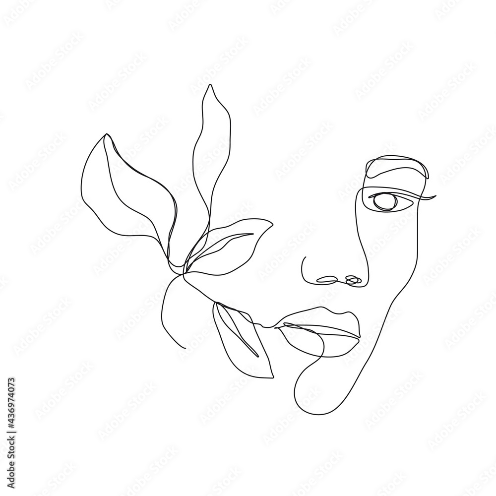 Abstract Woman Face with Leaves One Line Art Style Drawing. Continuous