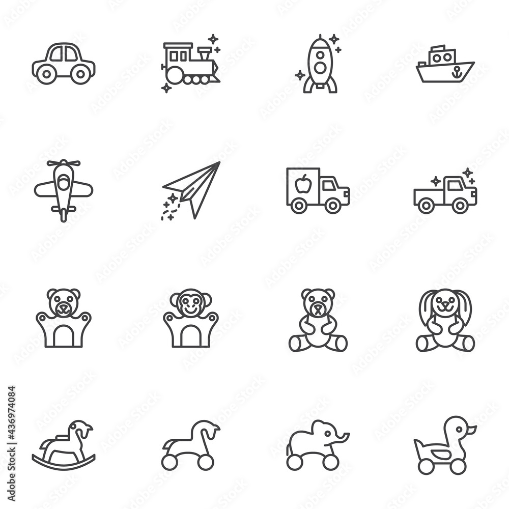 Kids toys line icons set