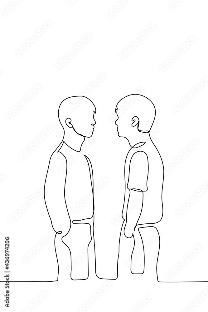 men are facing each other - one line drawing. concept of conflict, polemics, aggressiveness, aggressive dispute men are facing each other - one line drawing. concept of conflict, polemics, aggressiveness, aggressive dispute