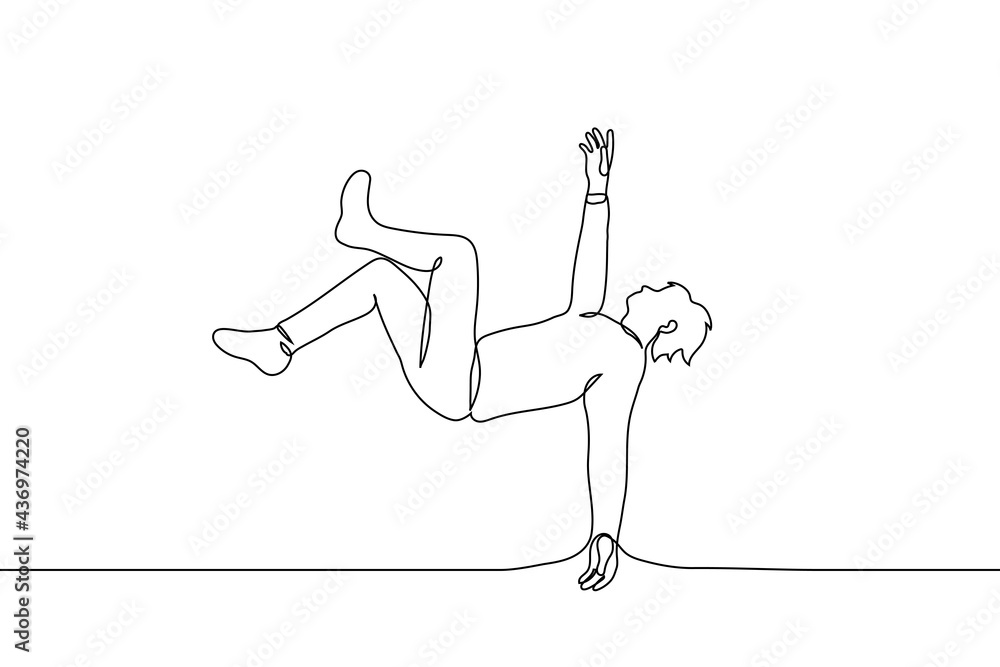 man in free fall flies backwards one line drawing. concept of a guy