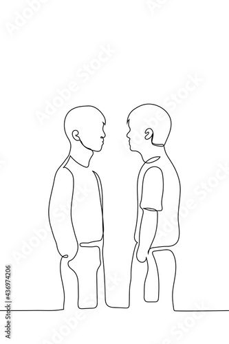 men are facing each other - one line drawing. concept of conflict,  polemics, aggressiveness, aggressive dispute