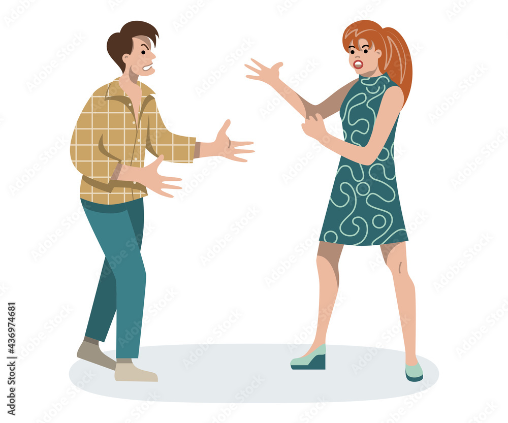 Couple yell at each other. Man and woman argue. Guy and girl swear. Negative emotions. Home conflict. Wife blames husband. Flat illustration on isolated white background. Couple yell at each other. Man and woman argue. Guy and girl swear. Negative emotions. Home conflict. Wife blames husband. Flat illustration on isolated white background.