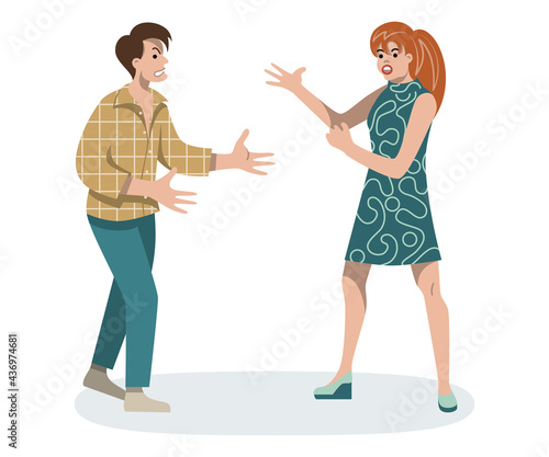 Couple yell at each other. Man and woman argue. Guy and girl swear. Negative emotions. Home conflict. Wife blames husband. Flat illustration on isolated white background.