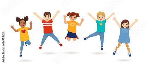 Happy cute kids boys and girls jumping together isolated vector illustration. Multiethnic little children.