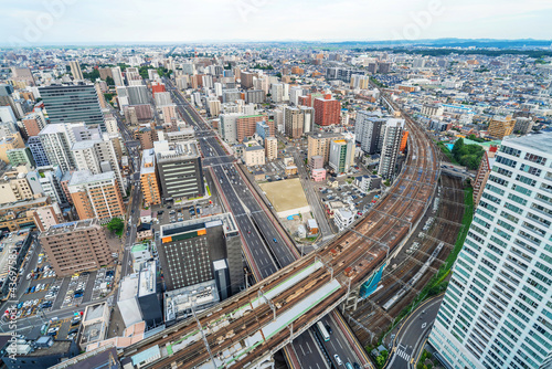 city skyline aerial view of Sendai in Japan