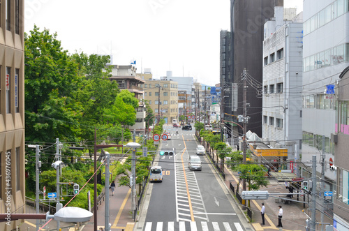 オフィス街の通りと、街路樹がある歩道。