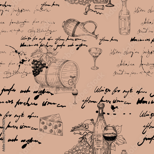 Vector Seamless pattern Wine grape branche, bottles, glasses, unreadable text, wooden barrel, chees, corkscrew. Doodle sketch hand drawing. Vector illustartion isolated retro