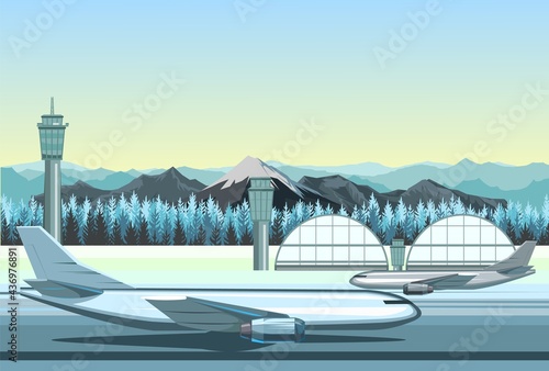 Passenger planes at the airport. Outside view. Runway. Towers and hangars. In the background    . Illustration vector © WebPAINTER-Std