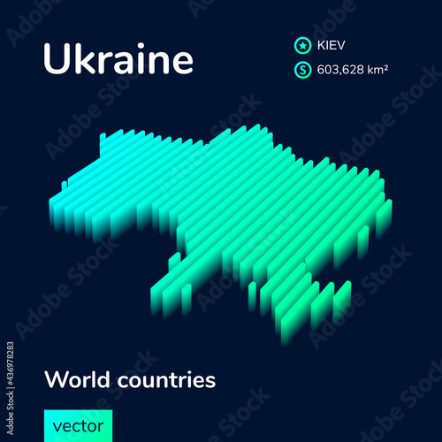 Stylized striped vector neon isometric map of Ukraine with 3d effect. Map of Ukraine is in green and mint colors on the dark blue background