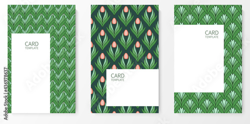 Set of posters, backgrounds with flowers and foliage of tulips. Ornaments and textures from spring flowers. Wreaths, frames with place for text. Cute natural motif for invitations and cards. Vector.