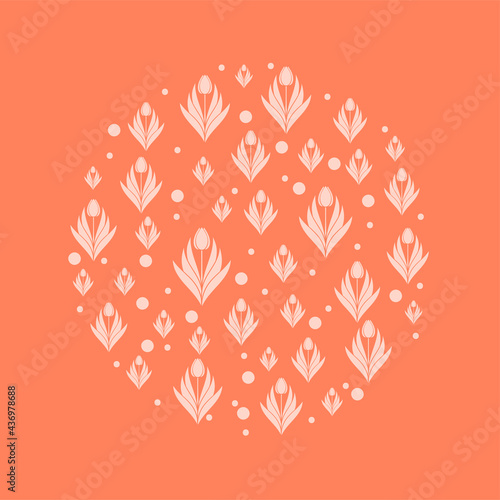 Composition with flowers and leaves of tulips in a circle. Layout with place for text. Modern design for advertising. Vector illustration