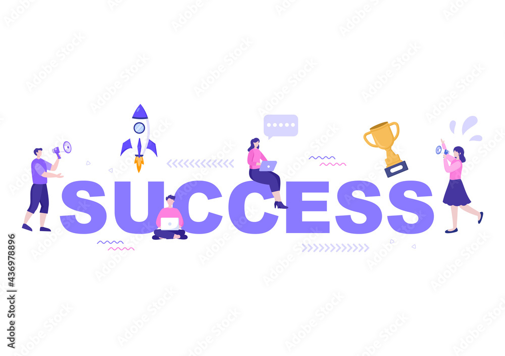 Success Vector Illustration Of Achieving Vision, Goal, Planning, Target, Strategy, Action, Consistency To Success. Landing Page Template
