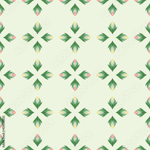 Seamless pattern with tulips in flat modern style. Design from multi-colored tulips in Damascus style. Vector illustration