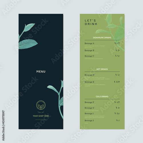 Beverage menu template design, green tea leaves on green