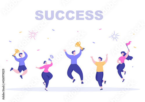 Success Vector Illustration Of Achieving Vision, Goal, Planning, Target, Strategy, Action, Consistency To Success. Landing Page Template