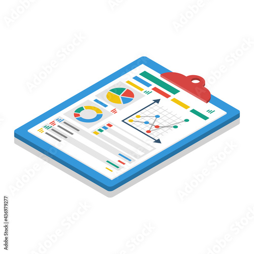 Business document isometric icon. Document with charts and graphs business reports. Vector illustration 3d design. Isolated on background. Paperwork concept.