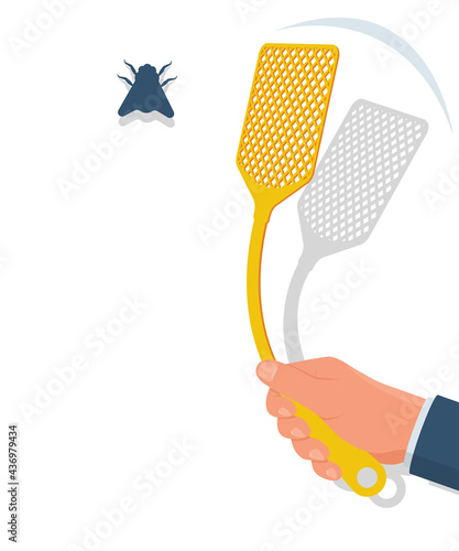 Yellow fluff in man hands. Kill flies. Carton icon. Vector illustration flat design. Isolated on white background. Homemade manual equipment to get rid of insects.