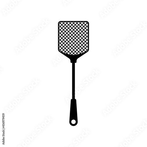 Flyswatter flat icon. Fly swatter. Black silhouette. Vector illustration flat design. Isolated on white background. Homemade manual equipment to get rid of insects.
