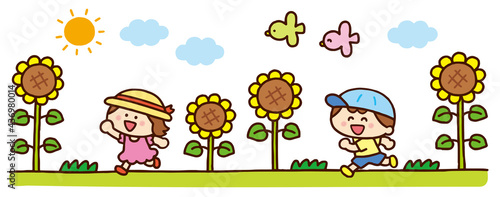 ひまわり畑と子どもたち