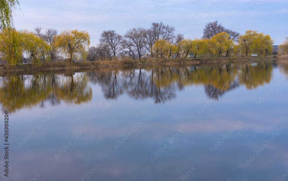 Morning landscape with Zaplavka  river in Gupalivka village, central Ukraine.