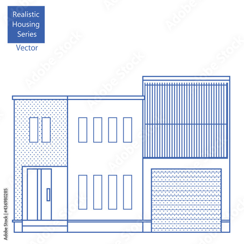 シンプルな線画の一戸建て、一軒家のイラスト（二階建て車庫付き）マイホーム木造住宅　ベクター