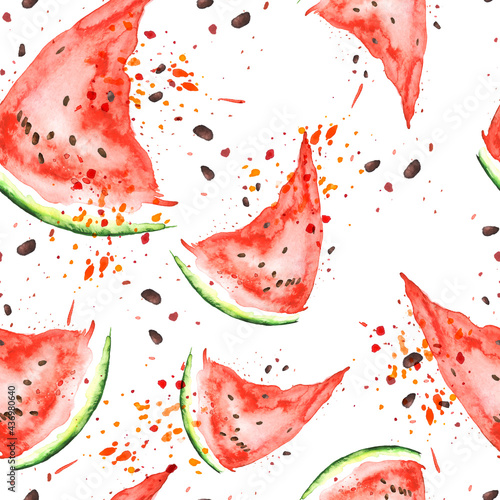 Watercolor seamless vintage pattern with red watermelon pattern. Slices, watermelon fruit. Watercolor fruit seamless pattern.watermelon seeds, spray, watermelon juice. Splashes, splash of paint