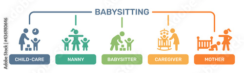 Babysitting icons set. Babysitter or nanny and Kids concept. 