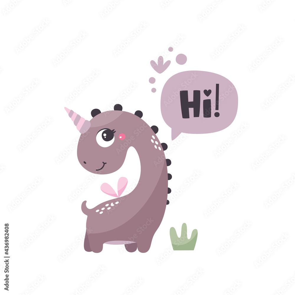 Cute vector card with Dinosaur Girl character, speech bubble, plants and graphic elements in trendy colors Cute vector card with Dinosaur Girl character, speech bubble, plants and graphic elements in trendy colors