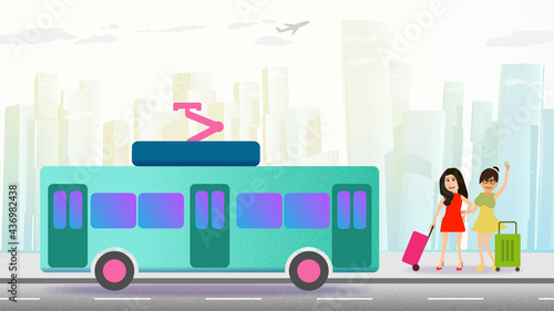 Two girls with suitcases get on the bus