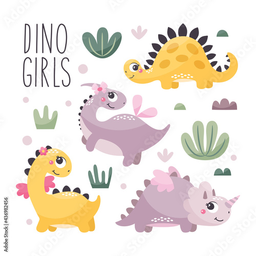 Cute Vector Set with Dinosaur Girls with plants, trees, bushes, stones in trendy colors