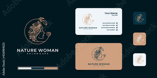 Creative beauty woman hair salon combine with nature concept, logo and business card design.