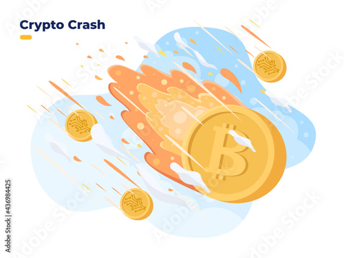 Cryptocurrency price fall down. Crypto price collapse at Stock exchange market. Bitcoin crisis. Crypto coin burning and crash. Cryptocurrency investment is high risk. 