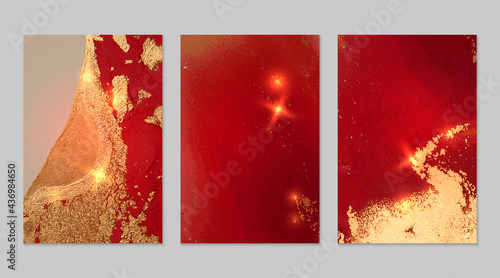 Set of marble patterns. Dark red and gold geode textures with glitter. Abstract vector background in alcohol ink technique. Modern paint with sparkles. Backdrops for banner, poster. Fluid art